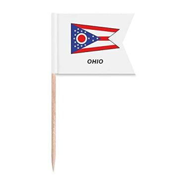 Imagem de Bandeira do estado americano contorno Ohio bandeiras de palito de dente marcando para festa bolo comida prato de queijo