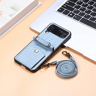 Imagem de Capa de telefone transversal para Samsung Galaxy Z Flip 4 5G impressão de crocodilo slot para cartões de crédito à prova de choque capa traseira de couro com cordão, azul, para Galaxy Z Flip4 5G