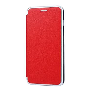 Imagem de DENSUL Capa de couro para iPhone 14/14 Pro/14 Plus/14 Pro Max, laterais galvanizadas da moda, capa flip magnética à prova de choque transparente capa protetora de TPU, vermelha, 14 pro 6,1 polegadas