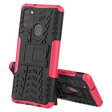 Imagem de Capa protetora de capa traseira compatível com Samsung Galaxy A21S, TPU + PC Bumper Capa robusta híbrida de grau militar, capa de telefone à prova de choque com capa protetora de suporte (cor: vermelho rosa)