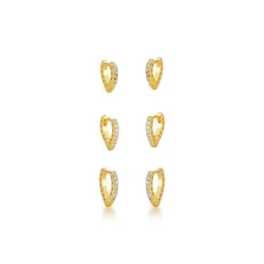 Imagem de Trio De Brincos Coração Uma Fileira De Zirconia Banhados A Ouro 18k