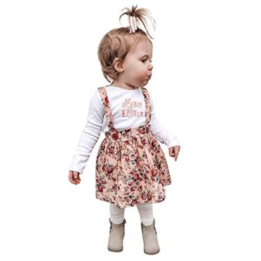 Imagem de Macaquinho para meninas, saia de coelho, body infantil, suspensório, coelho, conjunto de páscoa, roupas florais para bebês meninas de Páscoa, Branco, 6-12 Meses
