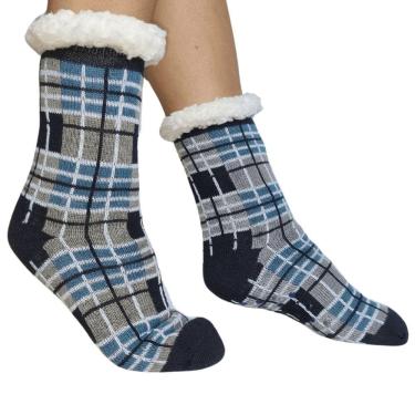 Imagem de Meia Térmica Adulto Antiderrapante Xadrez e Lã Fofinha
