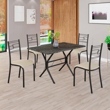 Imagem de Conjunto Sala de Jantar Mesa Retangular 100x60cm Tampo Pedra Ardósia Indiana 4 Cadeiras Paraty Creme / Preto Fosco