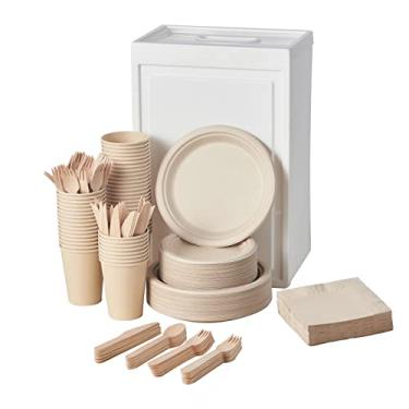 Imagem de Conjunto de pratos de papel com 350 peças – Pratos de jantar descartáveis de madeira biodegradável, garfos, colheres, facas, copos, guardanapos, conjunto de louça para artigos de festa, pacote com 50 convidados em organizador de gaveta de armazenamento