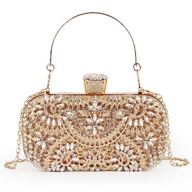 Imagem de GOKTOW Bolsa clutch de strass, bolsa de noite floral de cristal brilhante para mulheres, formal, formatura, festa de casamento, Dourado
