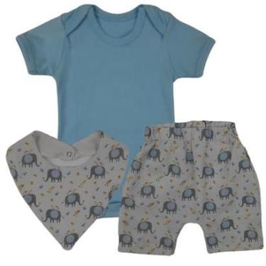 Imagem de Conjunto Body Manga Curta e Short / Bermuda Elefantinho + Babador - Roupa Bebê Menino-Masculino