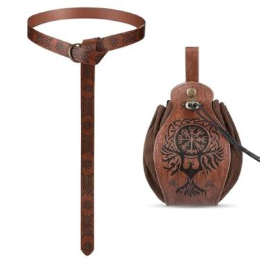Imagem de Tvoip 2 peças, cinto viking medieval, cavaleiro, cinto de couro, acessórios de pirata renascentista, fantasia medieval, bolsa de cinto para homens e mulheres, Marrom-b, Belt Length：74.8", Bolsa de