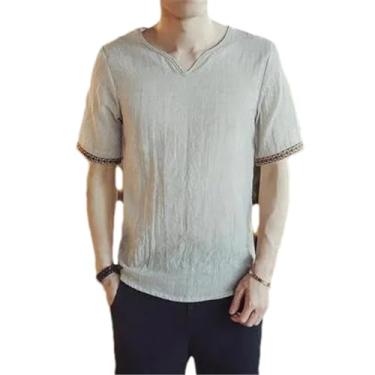 Imagem de Camiseta masculina verão algodão linho Hanfu manga curta vintage estilo chinês tang terno camiseta de linho estilo casual, Tx01 cáqui, GG