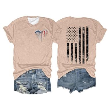 Imagem de Camisetas femininas com bandeira americana 4 de julho, blusa patriótica de manga curta, listras estrelas, gola redonda, túnica, Bege, M