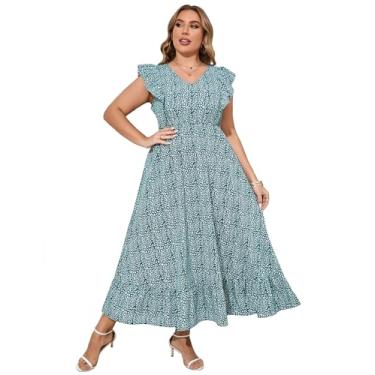 Imagem de KOJOOIN Vestido feminino plus size de verão com bolso com babados, sem mangas, decote em V, fenda lateral, vestido longo de praia, Estampa de leopardo verde - 1, 5G