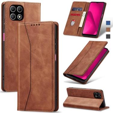 Imagem de Jasonyu Flip Carteira Capa para T-Mobile Revvl 7,Capinha Folio Magnética de Couro com Suporte para Cartão,Suporte para Chute - Protetora Durável de TPU à Prova de Choque para Telefone,Marrom