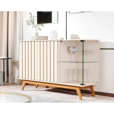 Imagem de Aparador Buffet Ripado Sala Açaí 3 Portas com Pés de Madeira com Vidro OffWhite - Rede Móveis