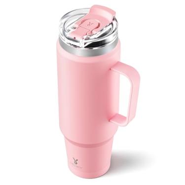 Imagem de Meoky Copo de 1,134 g com alça, caneca de viagem de aço inoxidável com canudo 2 em 1 e tampa de gole, caneca de café isolada a vácuo, 100% à prova de vazamento, mantém frio por 34 horas ou quente por