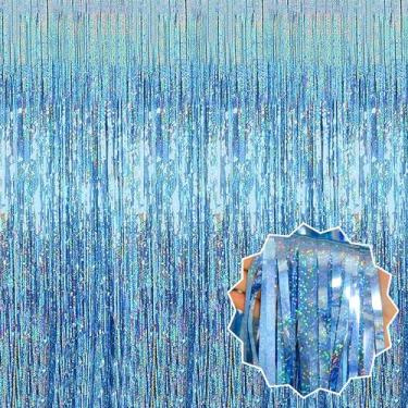 Imagem de Pacote com 3 cortinas de franja azul claro de 8,28 x 2,5 m, pano de fundo, cortinas metálicas de estanho para cabine de fotos, aniversário, formatura, despedida de solteira, celebração de evento,