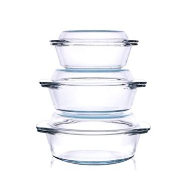 Imagem de HUSANMP Conjunto de 6 peças de prato redondo de vidro temperado com tampas, conjunto de prato de assar caçarola de vidro para forno, congelador e máquina de lavar louça - 0,7QT+1QT+1,5QT