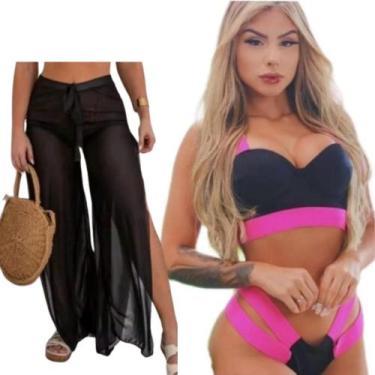 Imagem de Kit Calça Tule + Biquini Neon Tiras Grossa Modelo Gringa, Calça tule p