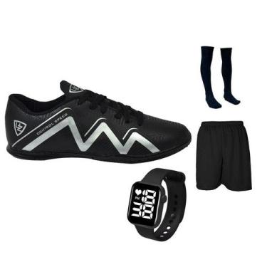 Imagem de Chuteira Futsal Adulto Juvenil Salão Quadra Futebol Costurada + Meião 