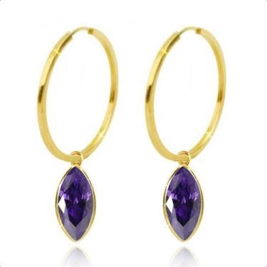 Imagem de Brinco Argola Com Pingente Ouro 18k - S. Demór Joias, Ametista roxa