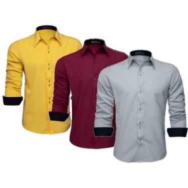 Imagem de Kit com 3 Camisas Social Masculina Manga Longa Lisa Slim (Amarelo, Vin