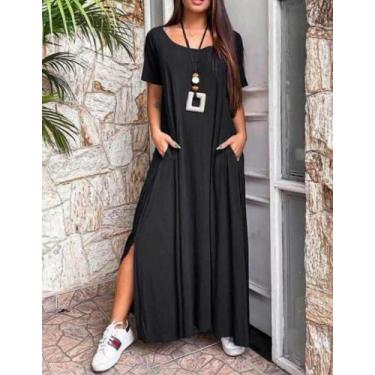 Imagem de Vestido longo gola canoa e fenda lateral - Reginaconfeccao, Preto, G