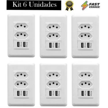 Imagem de Kit Tomada De Parede Dupla 10A Com Espelho Branco 4x2 Com 2 Portas Usb