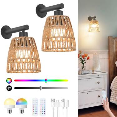 Imagem de Arandelas de parede Boho operadas por bateria, arandela de parede de vime conjunto de 2 com controle remoto, RGB 15 cores regulável, lâmpada de parede preta sem fio interna, iluminação de parede de
