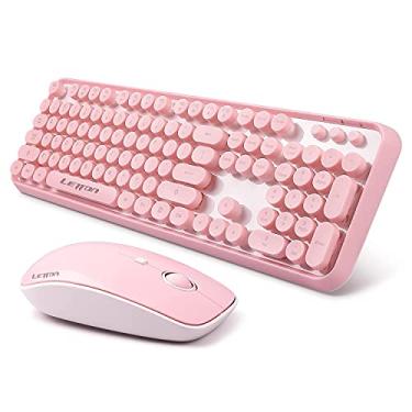 Imagem de Combo de teclado rosa sem fio, 104 teclas redondas, lindo teclado colorido estilo máquina de escrever, Letton teclado tamanho completo com teclado numérico e mouse com 3 DPI para PC, Mac, laptop