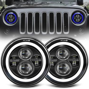 Imagem de ZIMABLUE Faróis de LED de 17,78 cm com halo azul redondo H6024 com seta âmbar DRL feixe de seta Hi/Lo compatível com Jeep Wrangler JK TJ CJ LJ compatível com Chevy Ford GMC Dodge e Mazda etc