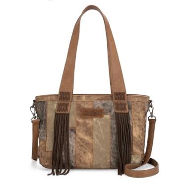 Imagem de Bolsa Wrangler para mulheres, bolsa de ombro ocidental, com design de patchwork texturizado de jeans, Marrom