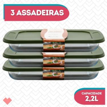 Imagem de Kit 3 Assadeiras Vidro Retangular Com Tampa 2,2L Hermético - CasaVita,