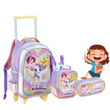 Imagem de Kit Mochila Rodinha Infantil Feminino Grande Menina C/ Alça - DENLEX