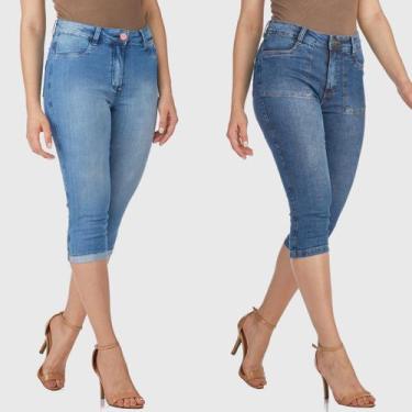 Imagem de Kit 2 Calças HNO Jeans Capri Cintura Alta Azul e Azul Claro, 46