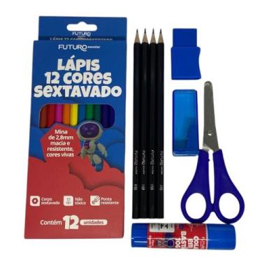 Imagem de Kit Material Escolar 12 Cores Completo Borracha Apontador - RK, Azul