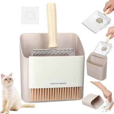 Imagem de SiliFine Kit de colher de areia para gatos com cabo de madeira para gatos com colher de areia de metal inclui conjunto de vassoura pequena e pá de lixo portátil escova de limpeza e pá de lixo para