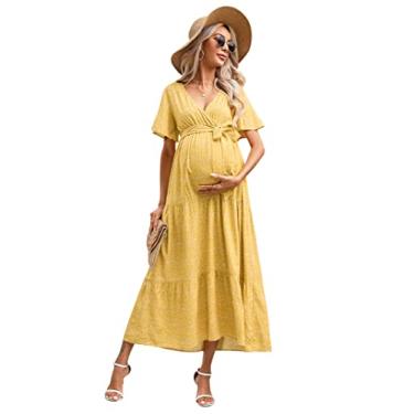 Imagem de FUNJULY Vestido feminino para gestantes, gola V, manga bufante, plissado, para chá de bebê ou uso casual, Floral amarelo, GG