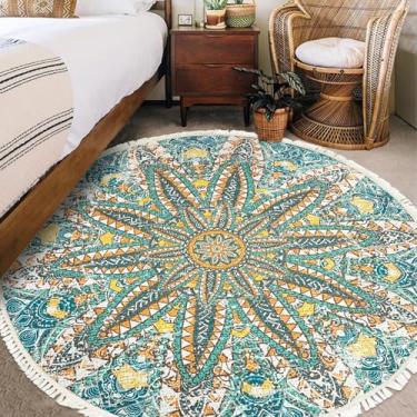 Imagem de Lacomfy Boho Tapetes rústicos para casa de fazenda, 1,5 m, redondo, floral, para quarto, antiderrapante, tapete circular de flores, lavanderia, para sala de estar, sala de jantar, boêmio, decoração de