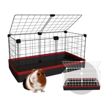 Imagem de Cercado Gaiola Porquinho da Índia 30x60cm com Bandeja Higiênica Tapete Impermeável Fácil de Limpar Cercadinho Pet (Tela Preta e Tapete Rosa)