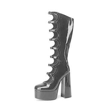 Imagem de Frankie Hsu Botas femininas Gothic Lolita de salto alto com plataforma de couro envernizado preto de tamanho grande, Preto, 34
