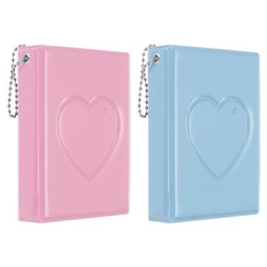 Imagem de PATIKIL Mini fichário de cartão fotográfico Kpop de 7,5 cm x 9 cm álbum com 32 bolsos pequena estante de livros com suporte de fotos de coração de amor para coleção pacote com 2, rosa azul