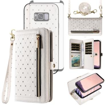 Imagem de Asuwish Capa de celular para Samsung Galaxy S8 Plus carteira com zíper destacável com protetor de tela alça transversal Bling Flip suporte para cartão de crédito S8plus S 8 8plus 8S Edge S8+ SM-G955U
