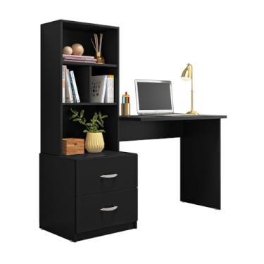 Imagem de Mesa de Escritório Cristal com Estante e Gaveteiro, Estilo Moderno, para Home Office, Preto