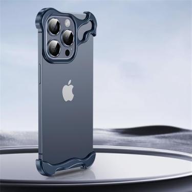 Imagem de HPQWN Capa de celular de liga de titânio alienígena de luxo sem aro para iPhone 16 15 14 Pro Max 16 Plus com lente de metal à prova de choque para iPhone 16 Pro, azul, para iPhone 15