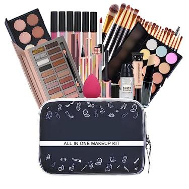 Imagem de Conjuntos de maquiagem para adolescentes, conjuntos de maquiagem para presente de menina, kit de maquiagem para mulheres kit completo sombra delineador base corretivo pincel de brilho primer facial pó batom paleta