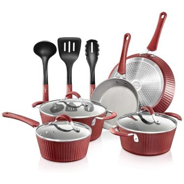 Imagem de Conjunto de Panelas Antiaderentes com Alças de Silicone e Espátulas, 11 Peças, NUTRICHEF NCCW11RDL, Vermelho