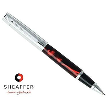 Imagem de Caneta esferográfica de ponta média Sheaffer 300 Collection II mármore Goniocromismo vermelho com pontos característicos de excelência no boné, cilindro polido e marcações