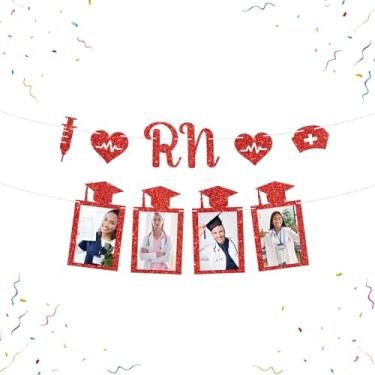 Imagem de Congrats RN Photo Banner Enfermeira RN Moldura de Papel de Formatura Enfermeira RN Ensino Médio Faculdade Medicina Formatura Bunting Decorações Enfermagem Grad Picture Banner Vermelho Glitter