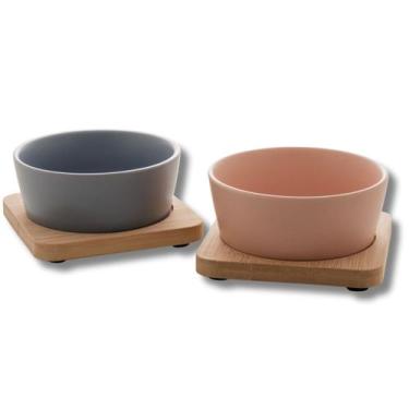 Imagem de Conjunto Petisqueira Com 2 Bandejas Bambu e 2 Potes Cerâmica Para Serv