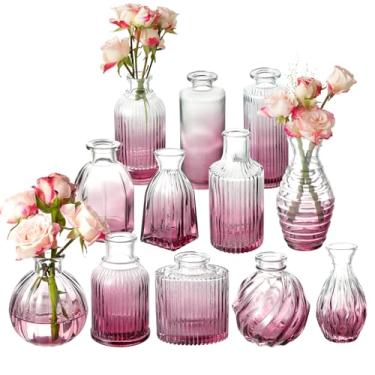 Imagem de Conjunto de 12 vasos Bud, vasos pequenos roxos de vidro para flores, vintage com nervuras, colorido, para decoração em massa, centro de mesa, decoração de mesa de casa