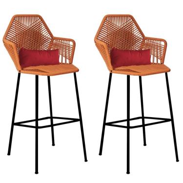 Imagem de Kit 02 Banqueta Alta Sttar Ferro Preto Fibra Terracota Almofada Corino Vermelho